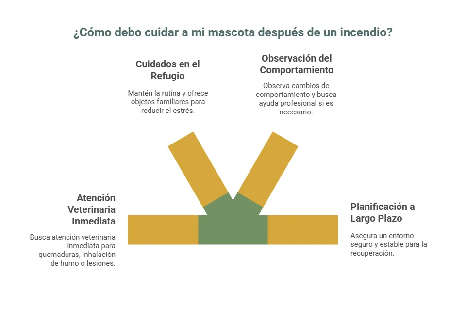 Infografía sobre cuidados de una mascota después de un incendio: atención veterinaria inmediata, cuidados en el refugio, observación del comportamiento y planificación a largo plazo para su recuperación.