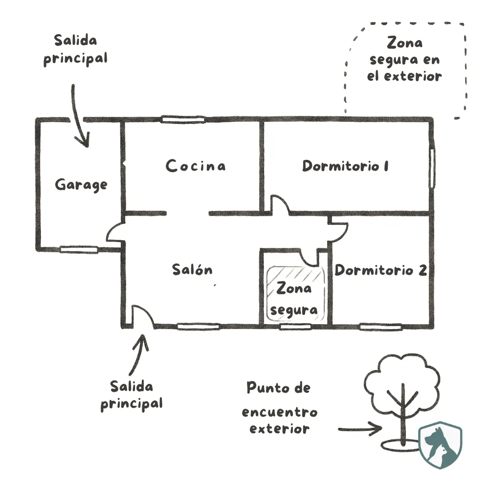 Croquis dibujado a mano de una casa con rutas de salida, zona segura interior y punto de encuentro exterior para emergencias familiares con mascotas.