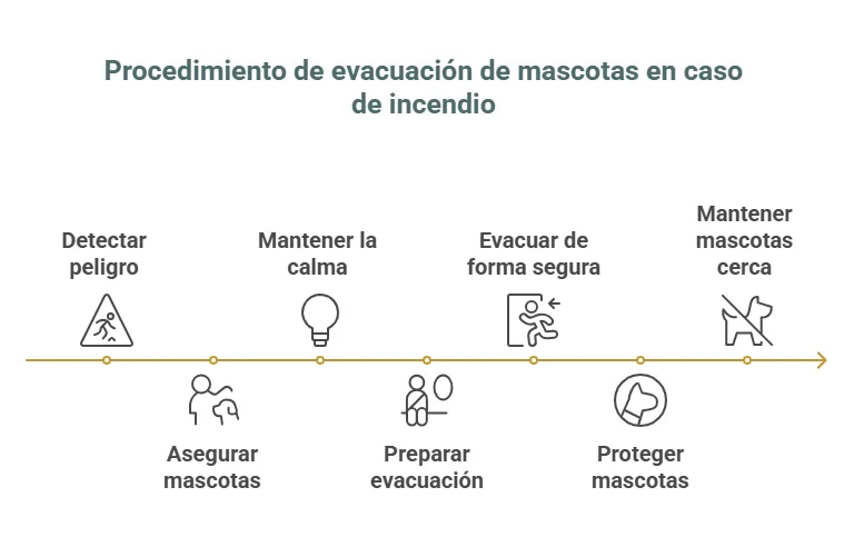 Infografía con el procedimiento de evacuación de mascotas en caso de incendio: detectar peligro, mantener la calma, asegurar y preparar a las mascotas, evacuar de forma segura, protegerlas y mantenerlas cerca.